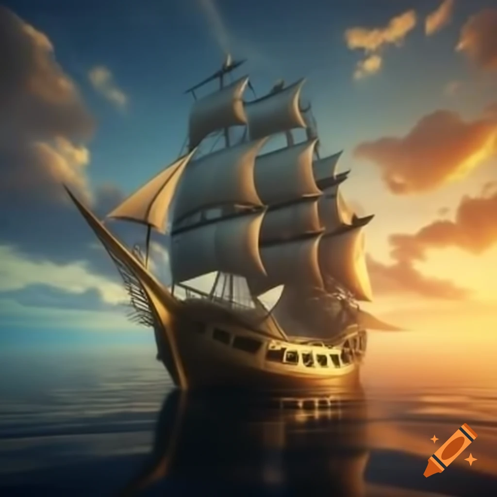 Elven sailing ship with golden sails against sunset sky