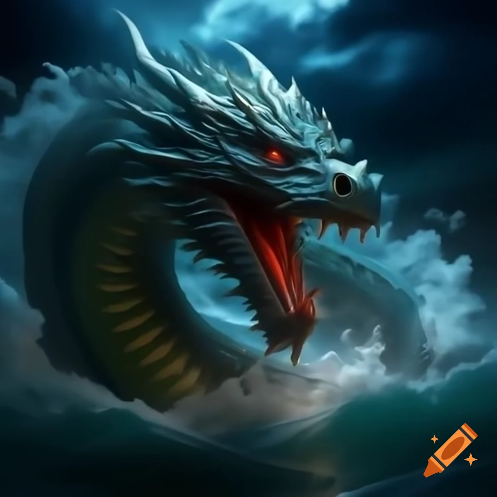 Serpent-like dragon swimming in dark ocean with glowing red eyes under night sky