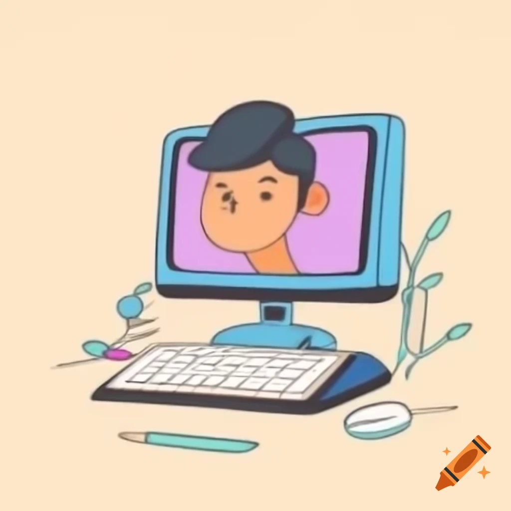 Student typing on computer drawing