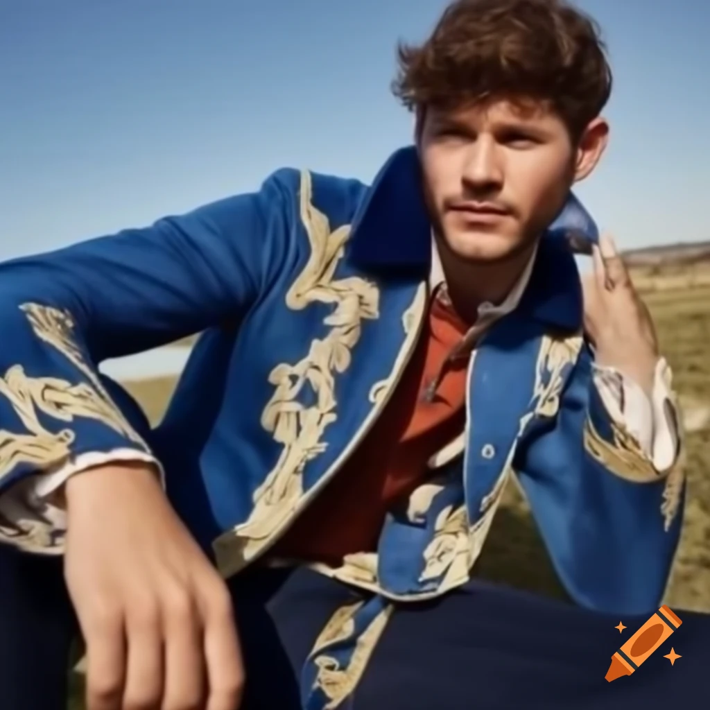 Jensen ackles in sky blue rococo jacket and pointed hat kissing a