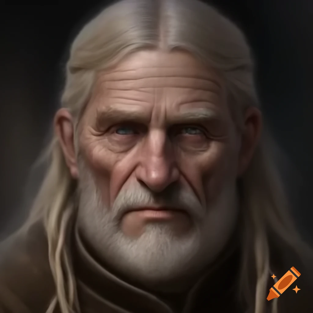 Realistic portrait of a thin, middle-aged medieval pardoner with greasy blonde hair