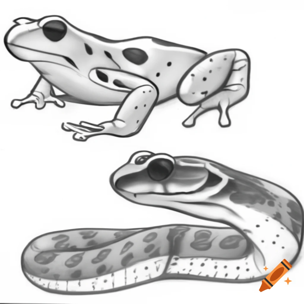 Carbon pencil sketch of Poison Dart Frog and Colubrid Snake facing each other