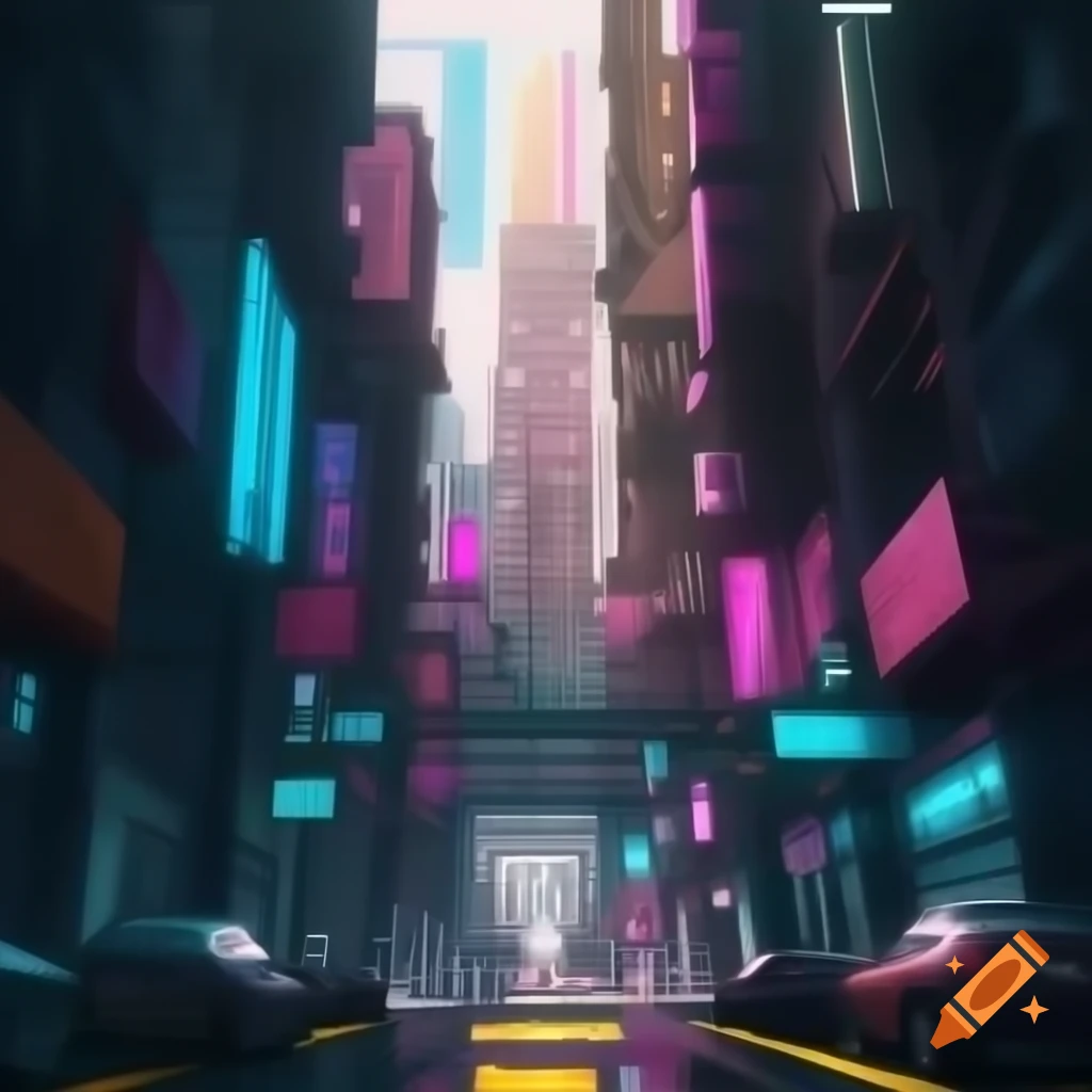 Digital illustration of a cyberpunk city street with towering buildings