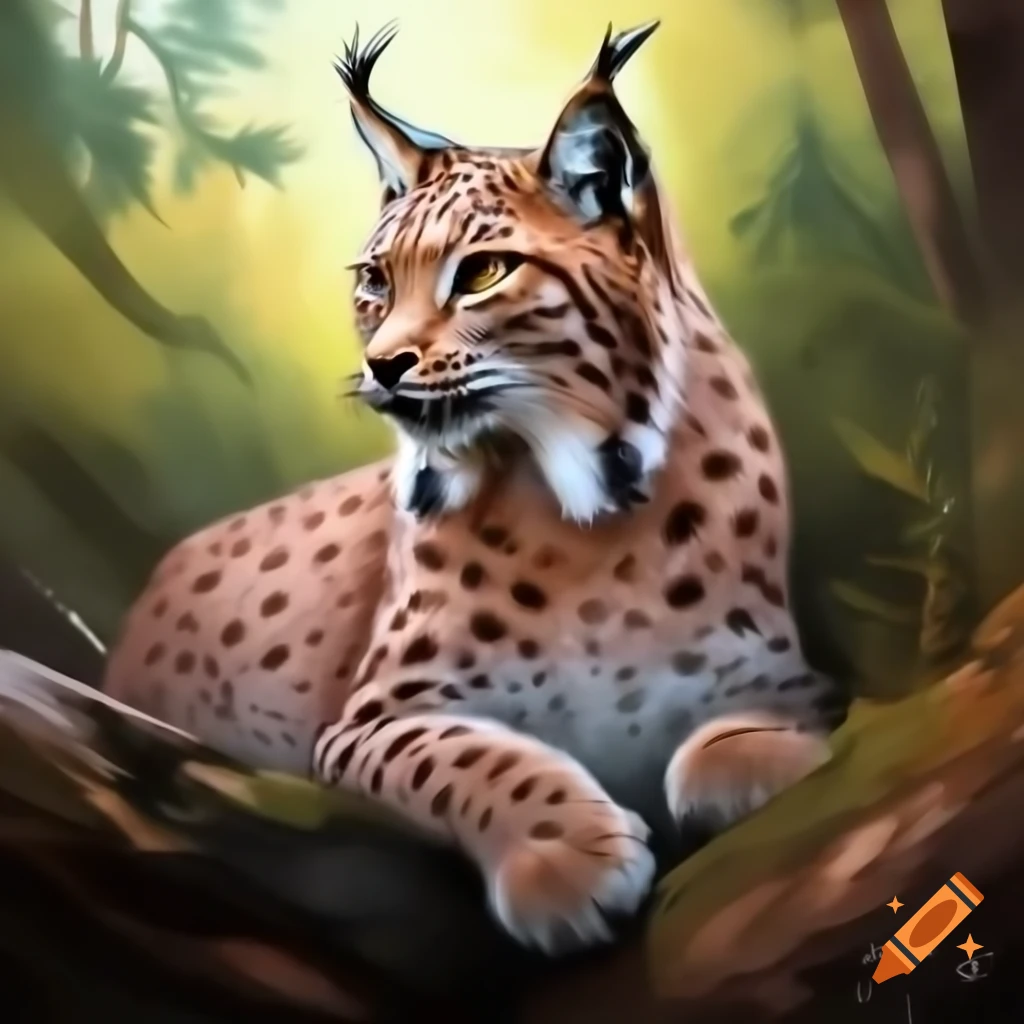 Realistic oil painting of lynx in forest habitat with visible brush strokes