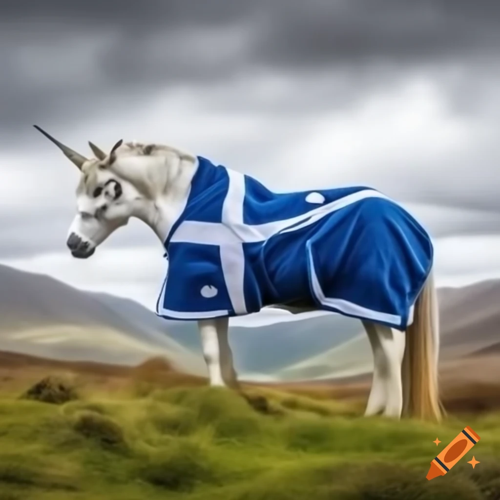 Unicorn adorned with Scotland flag saddle blanket