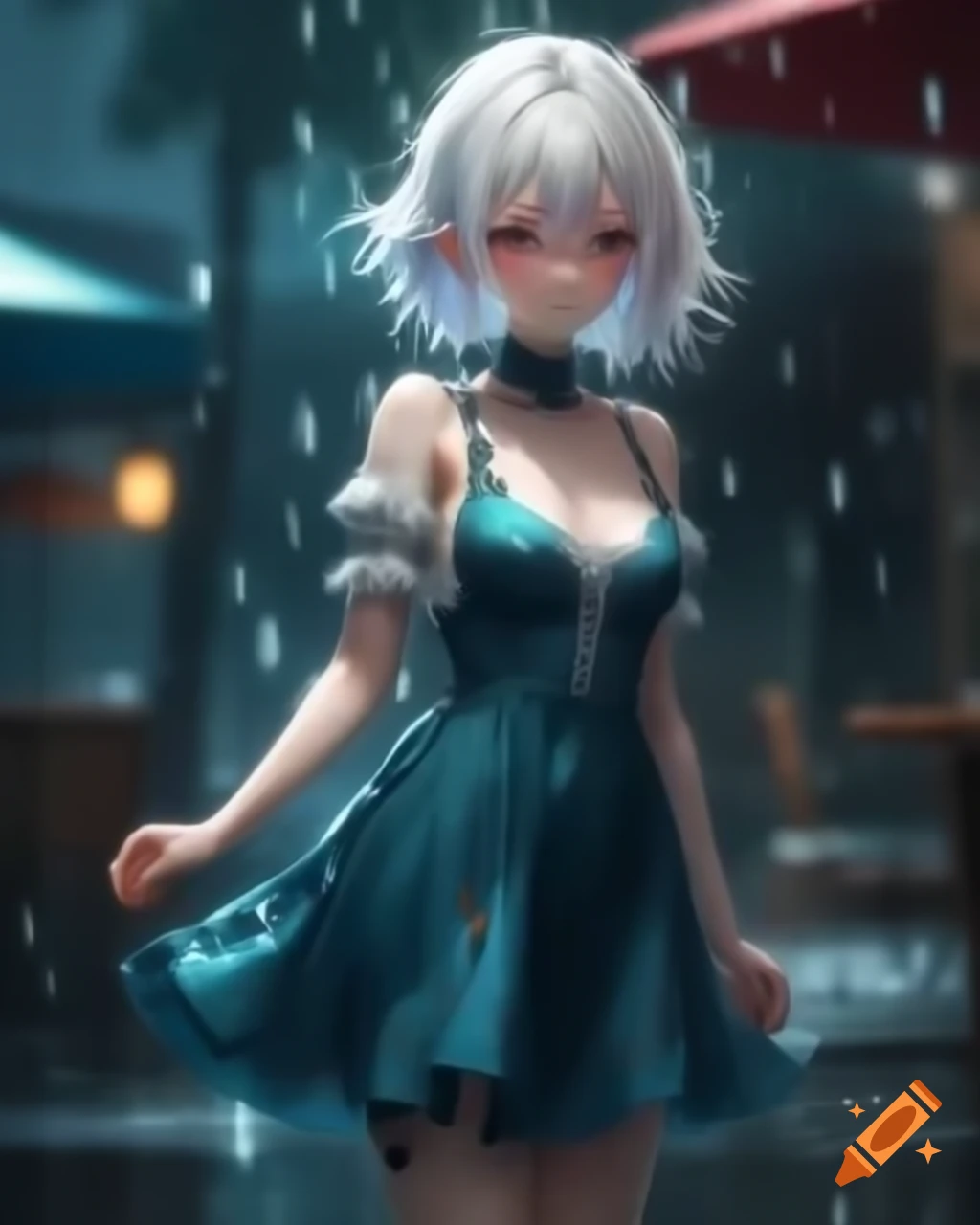 Anime character with white hair in dress on rainy day