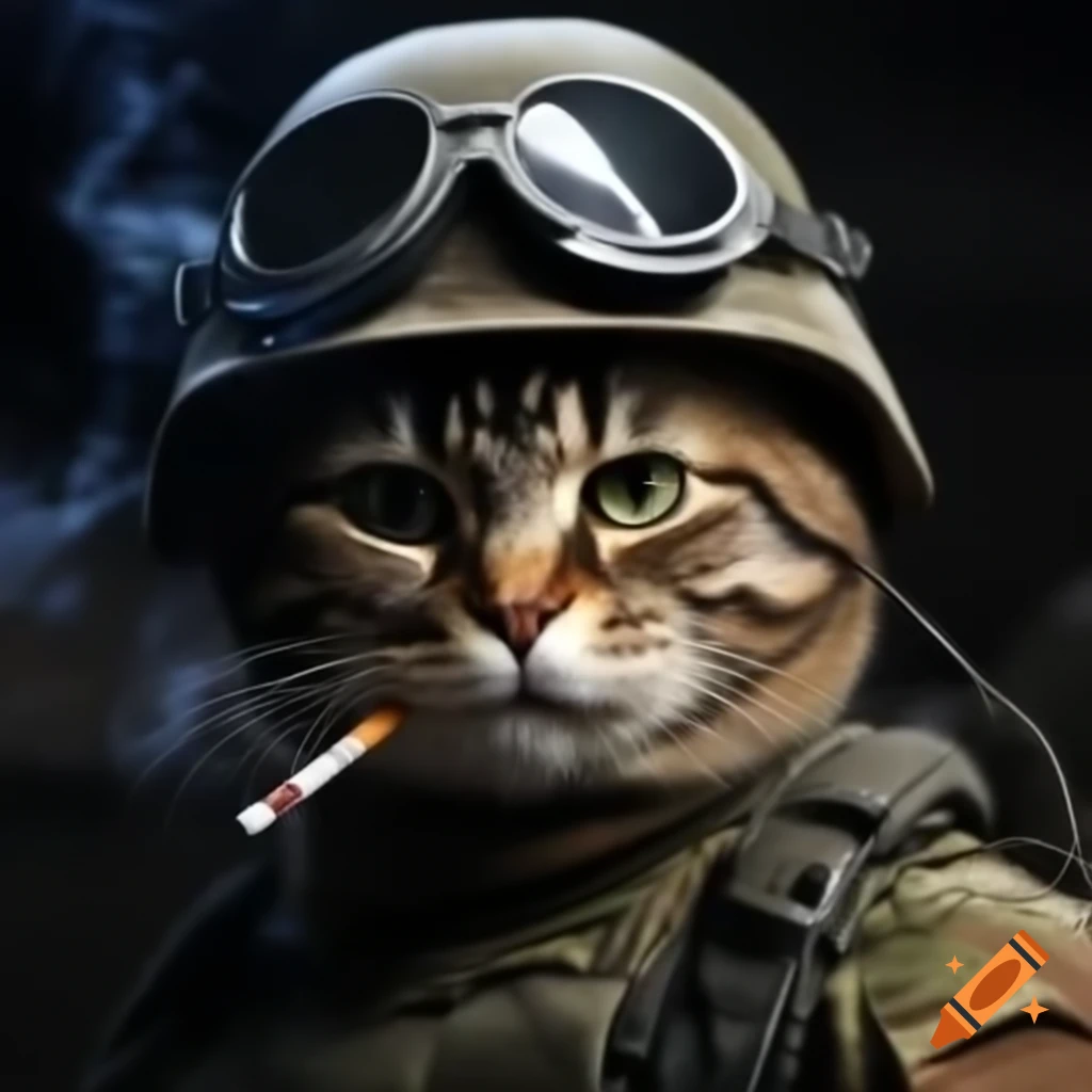 Cat dressed as soldier in helmet with cigarette