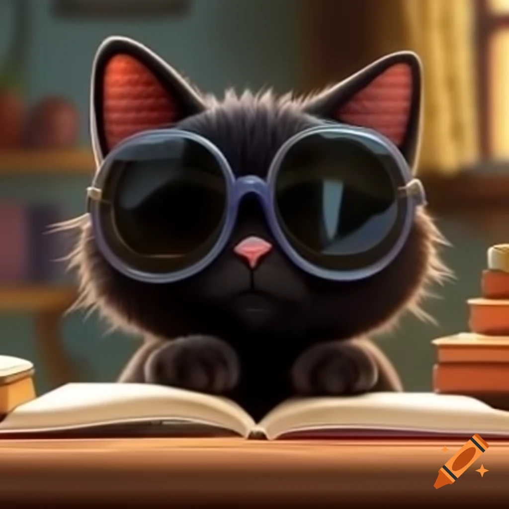 Cartoon of black cat wearing sunglasses and reading a book