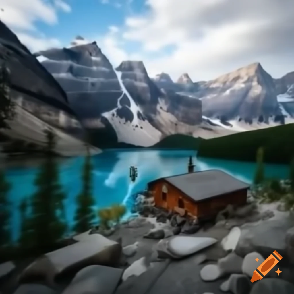 Scenic cabin by a lake with mountains in the backdrop