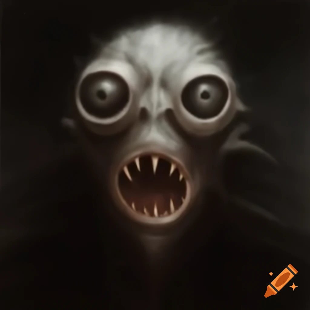 Surrealist ink drawing of creature with large eyes and oversized mouth with sharp teeth