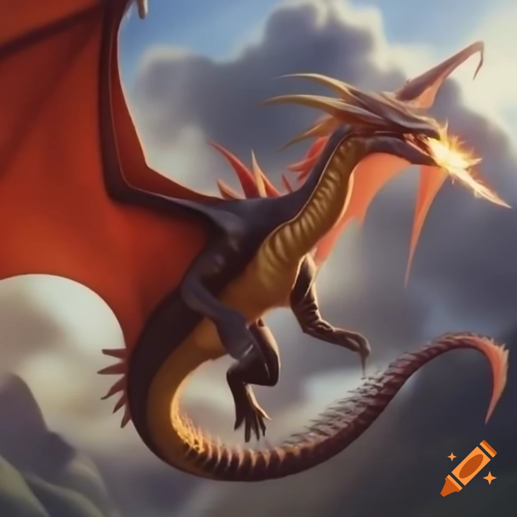 Dragon breathing fire while in flight
