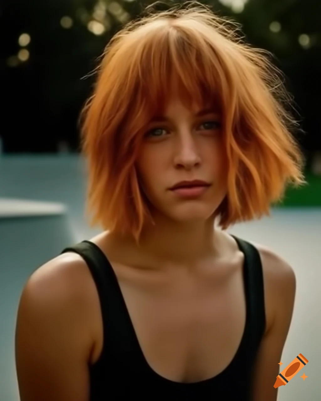 Hyper-realistic portrait of a French female skater with ginger hair in a skate park