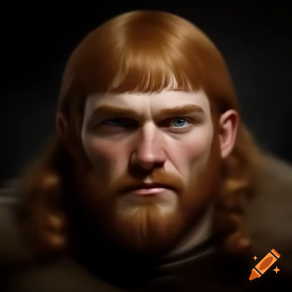 Realistic portrait of heavyset medieval cook with light brown hair and flushed cheeks