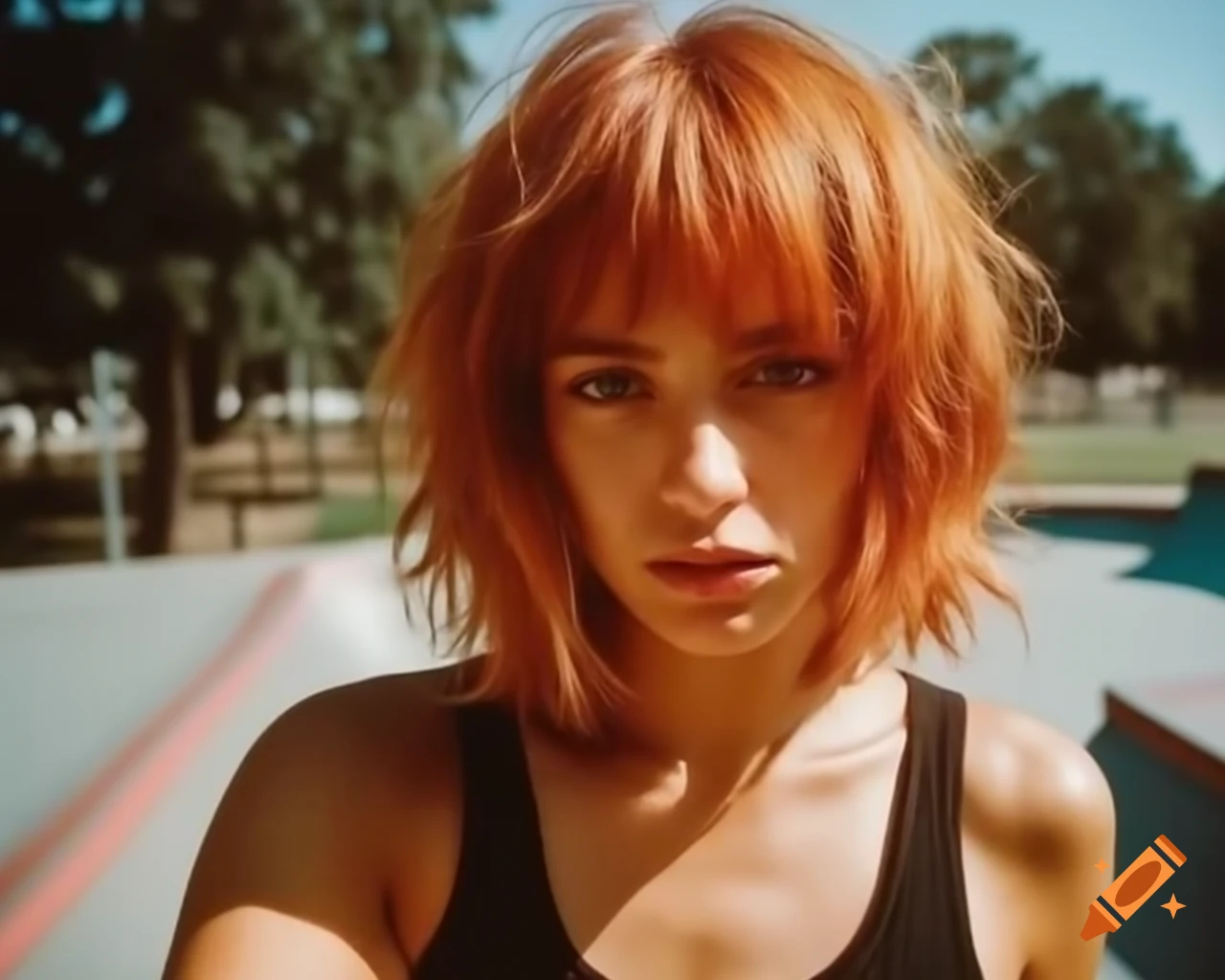 Selfie of a blushing French female delinquent in a skate-park, hyper-realistic face features