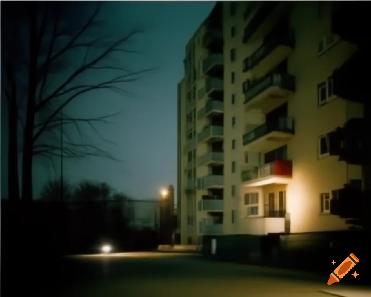 Post-Soviet apartment blocks illuminated at night