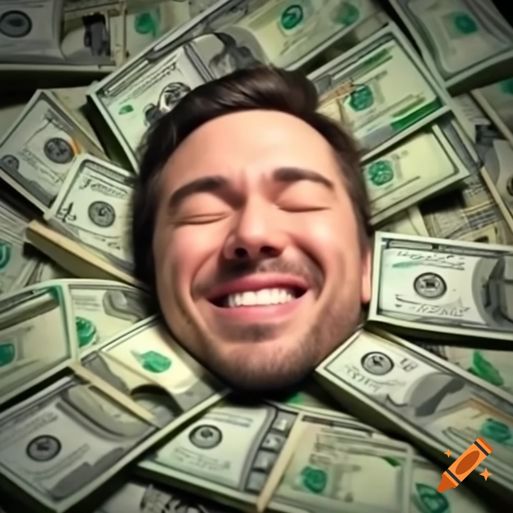 man-smiling-while-sleeping-on-a-pile-of-money-on-craiyon