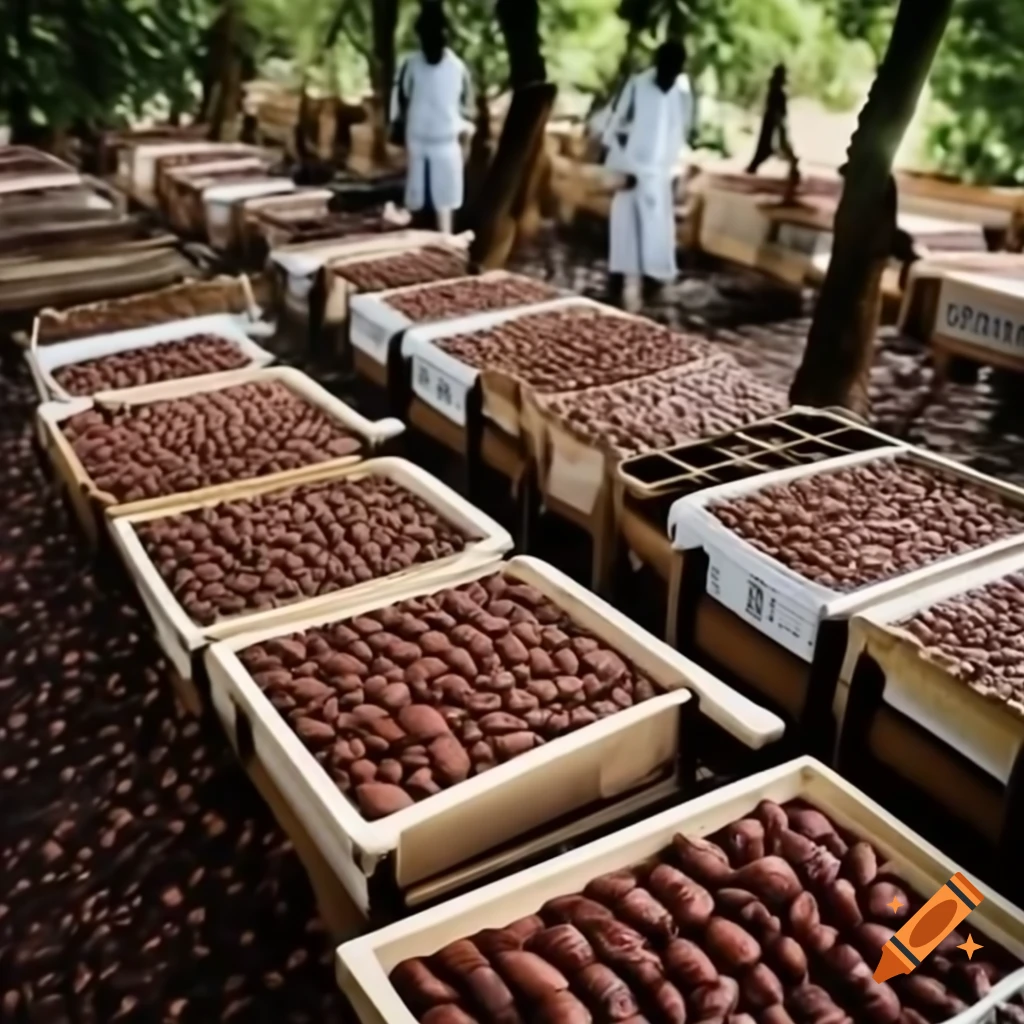 Wooden boxes with cacao beans and white pulp during fermentation process