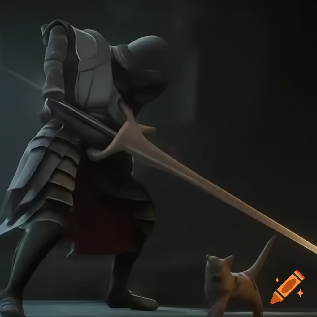 Hyper-realistic knight from Dark Souls with large cat companion
