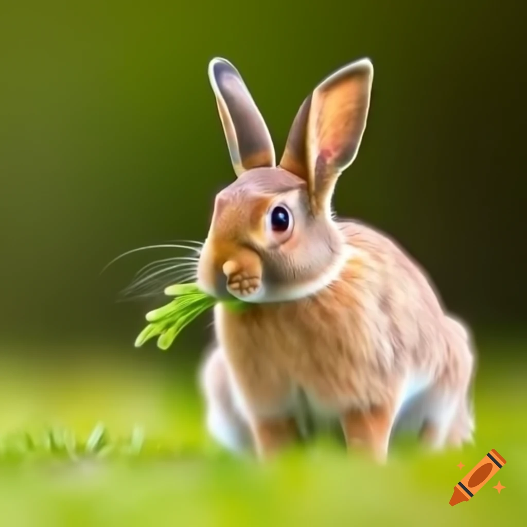 Brown rabbit eating grass on white background