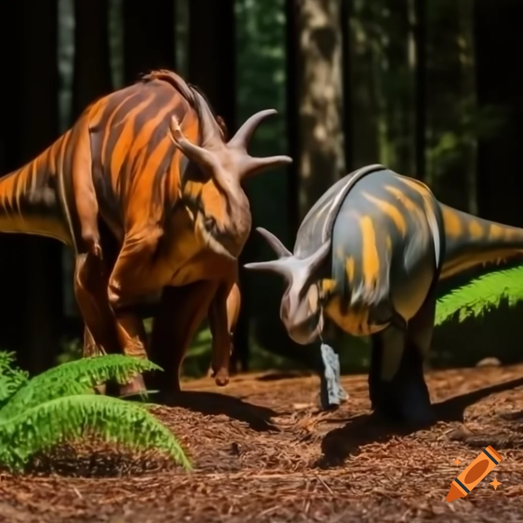 Two Hadrosaurus walking in sunny clearing of redwood forest