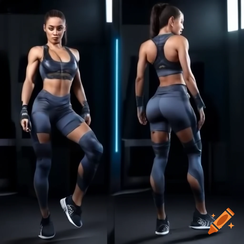 Futuristic cyberpunk women's gym outfit with front and back views