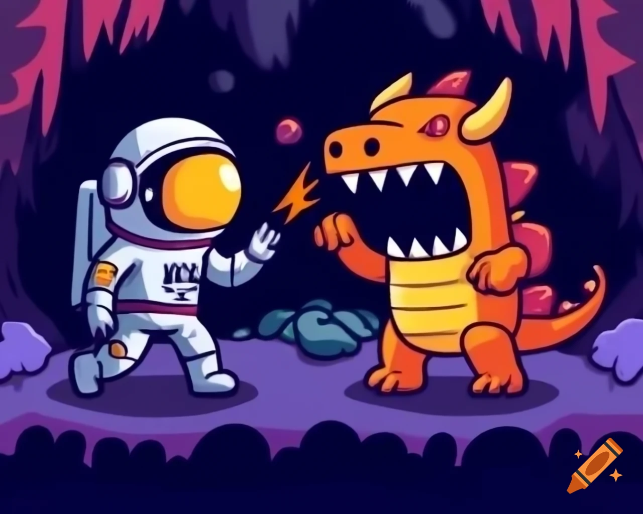 Astronaut battling creepy dragon in scribblenauts style on craiyon