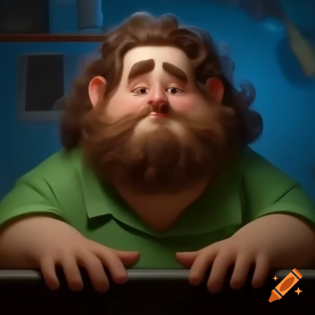 Man with curly hair and mustache sitting in front of computer wearing green shirt