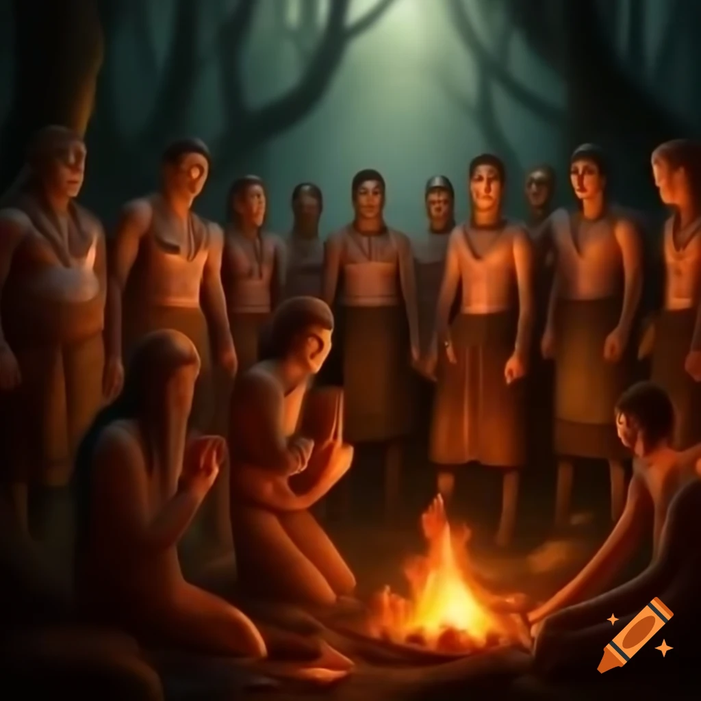 Men performing homam ritual in mystical forest clearing with vibrant details