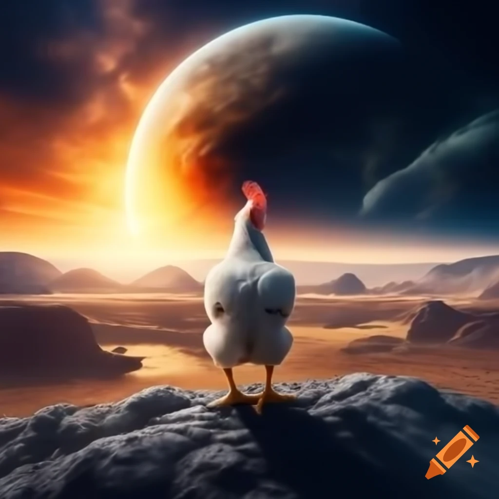 Chicken facing alien planet at dawn