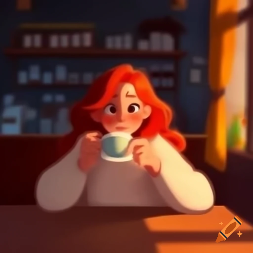 Young woman with red hair in cozy coffee shop with warm colors