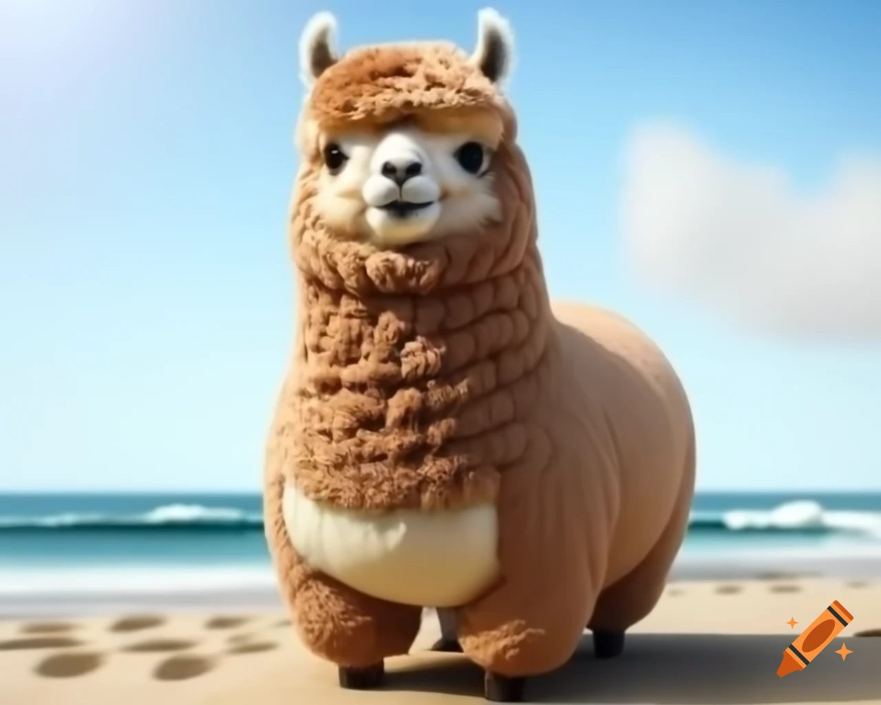 Kawaii fat llama relaxing on the beach in realistic style