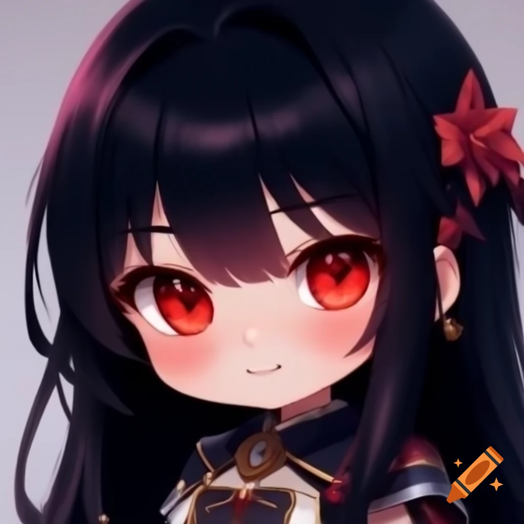 Anime chibi adventurer girl with long black hair and gradient red eyes