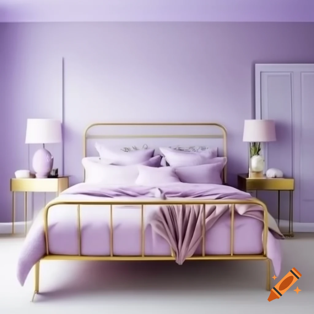 Lilac painted bedroom featuring a gold bed frame and accessories