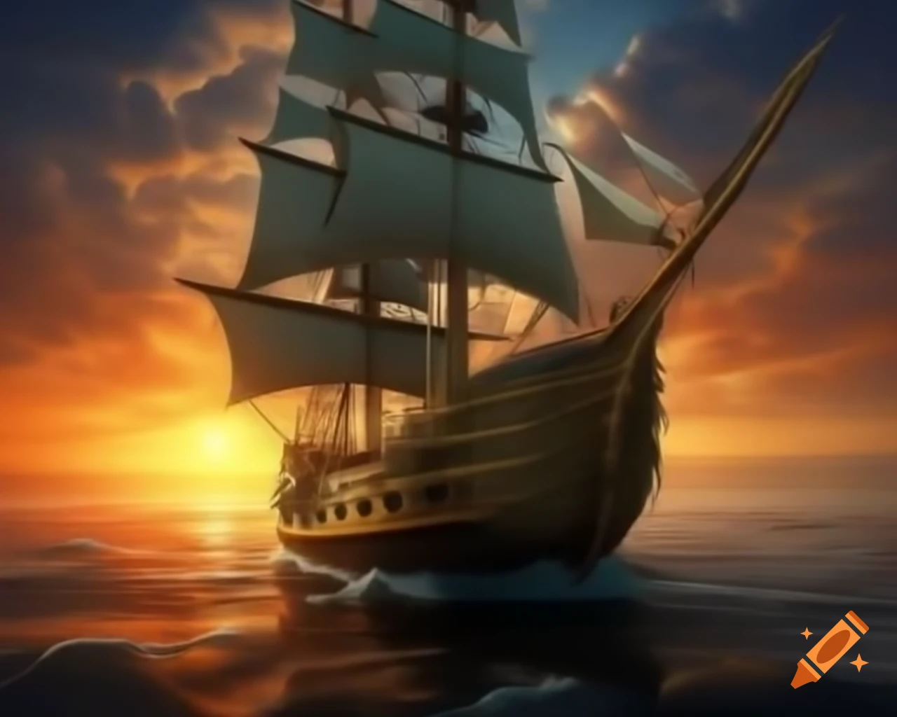 Elven sailing ship with golden sails at sunset