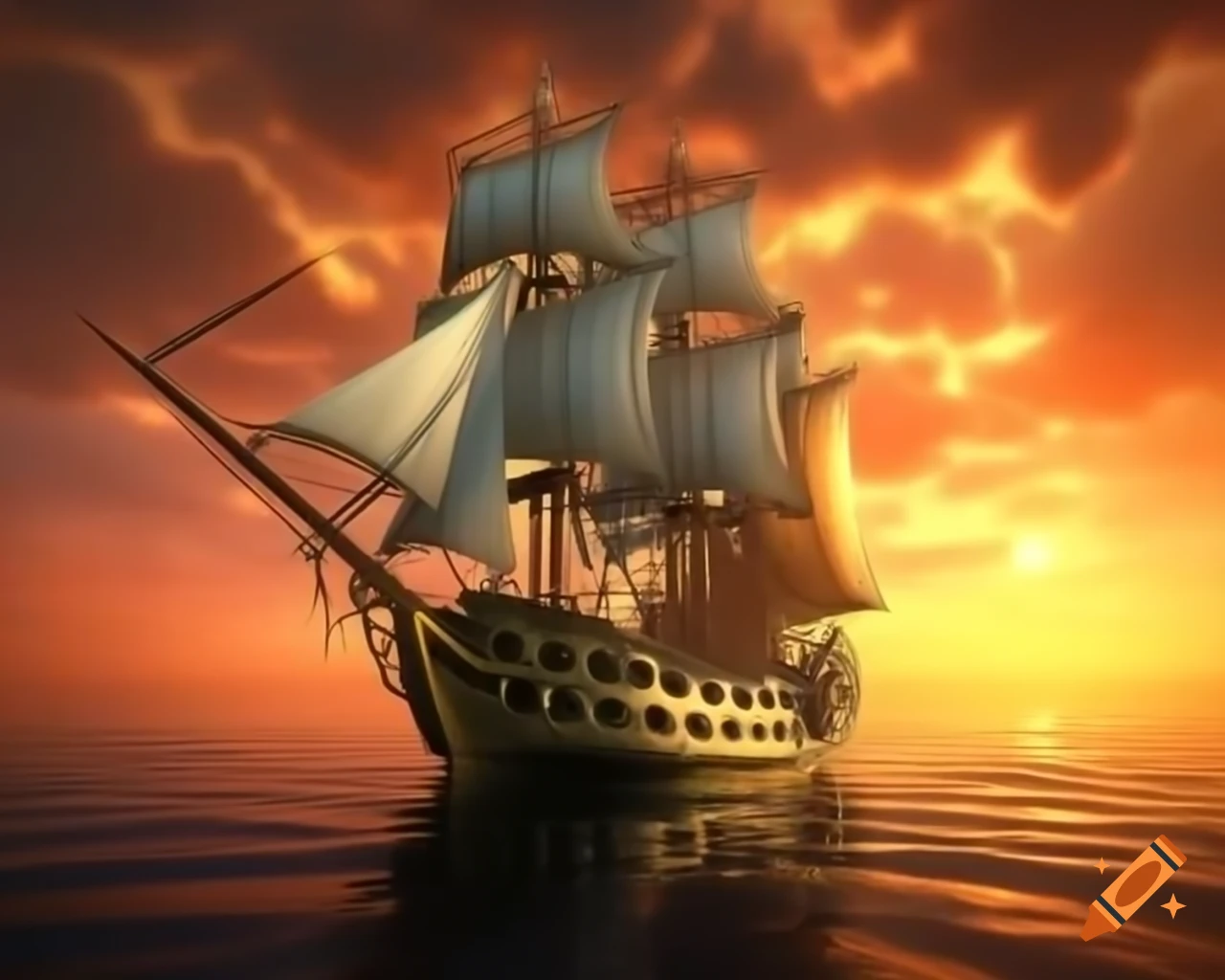 Elven sailing ship with golden sails at sunset