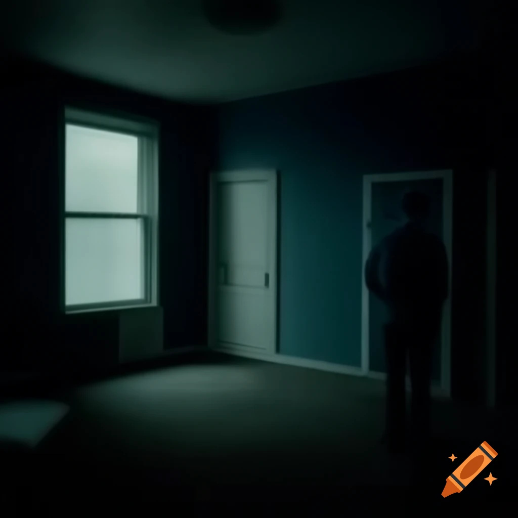 Eerie dark empty apartment room at night with door slightly open, anaglyph 3D
