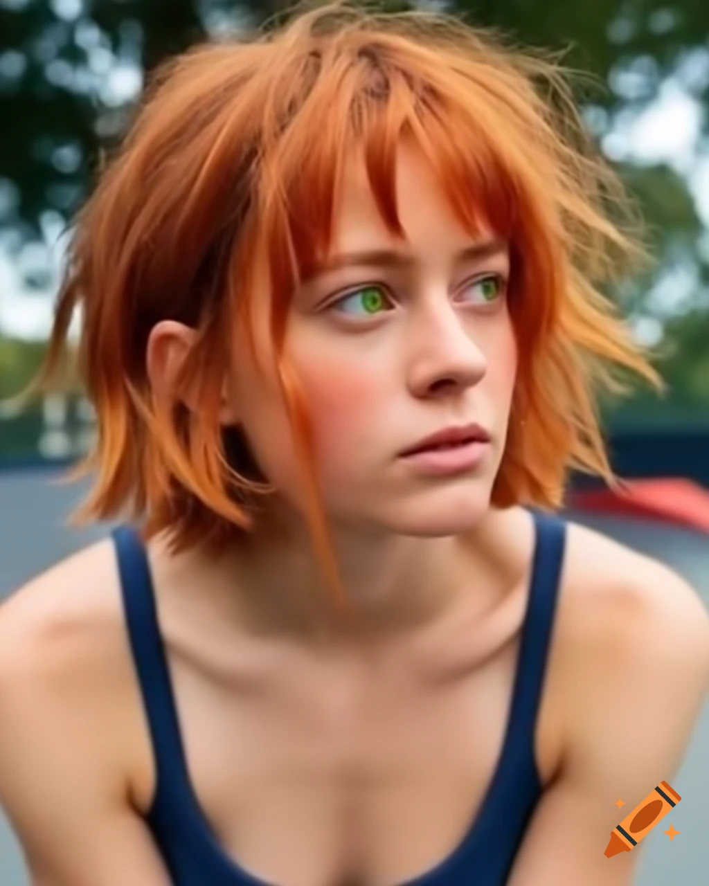 Hyper-realistic portrait of bored French female skater in tank top at skate park