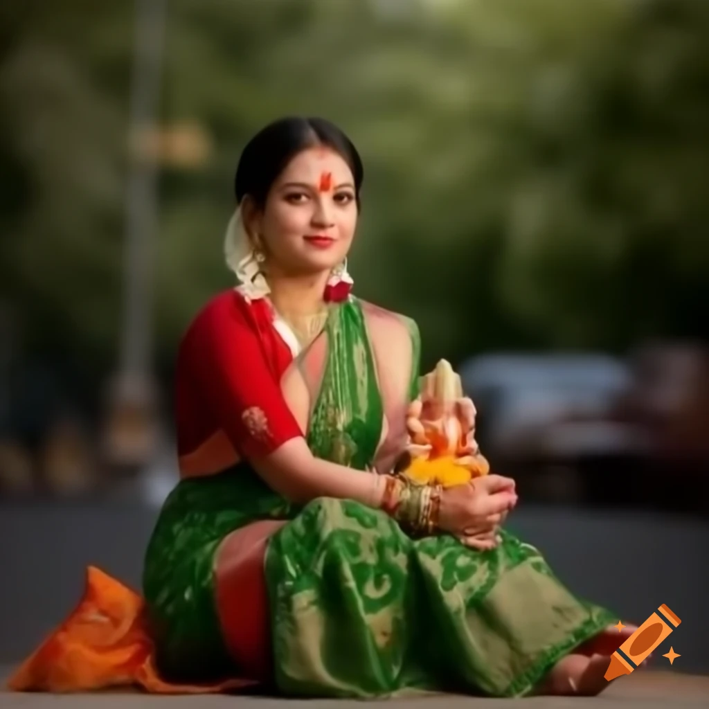 Woman in traditional Indian attire holding Ganesha idol outdoors