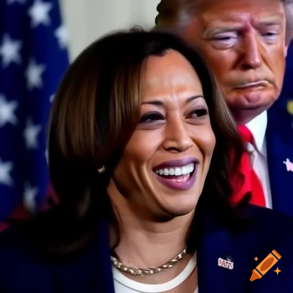 Kamala Harris smiling while Donald Trump appears sad and emotional