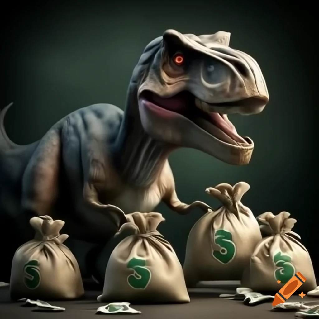 Tyrannosaurus rex with bags of money on Craiyon