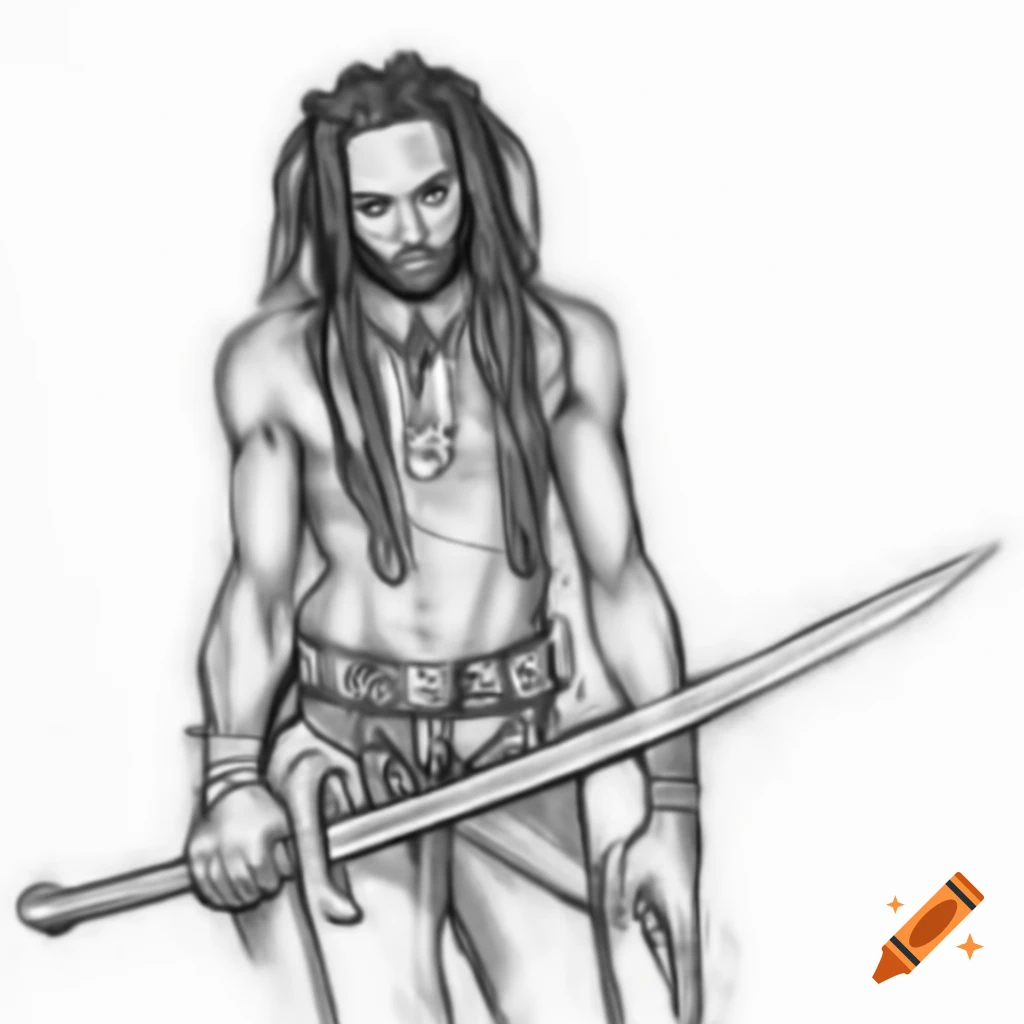 Man with dreadlocks holding a sword in a standing pose on craiyon