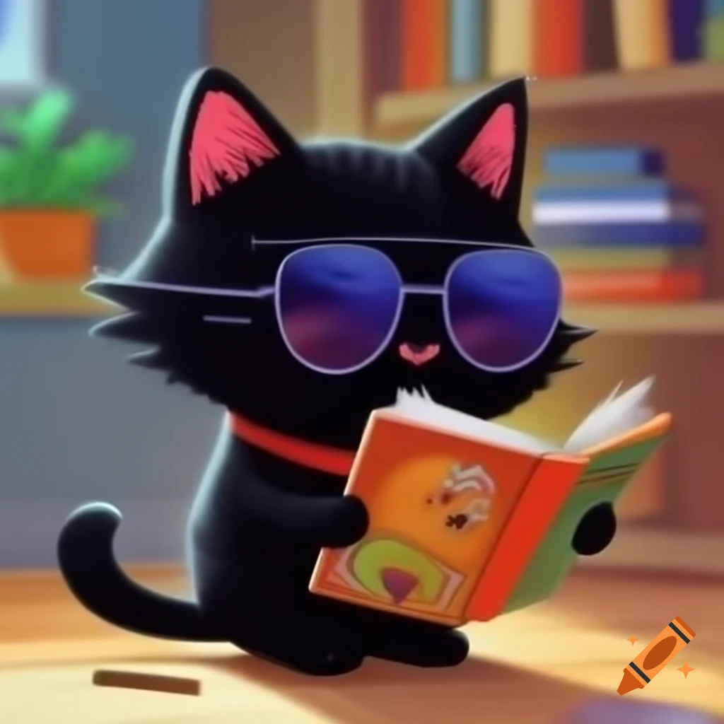 Cartoon of a black cat wearing sunglasses and reading a book