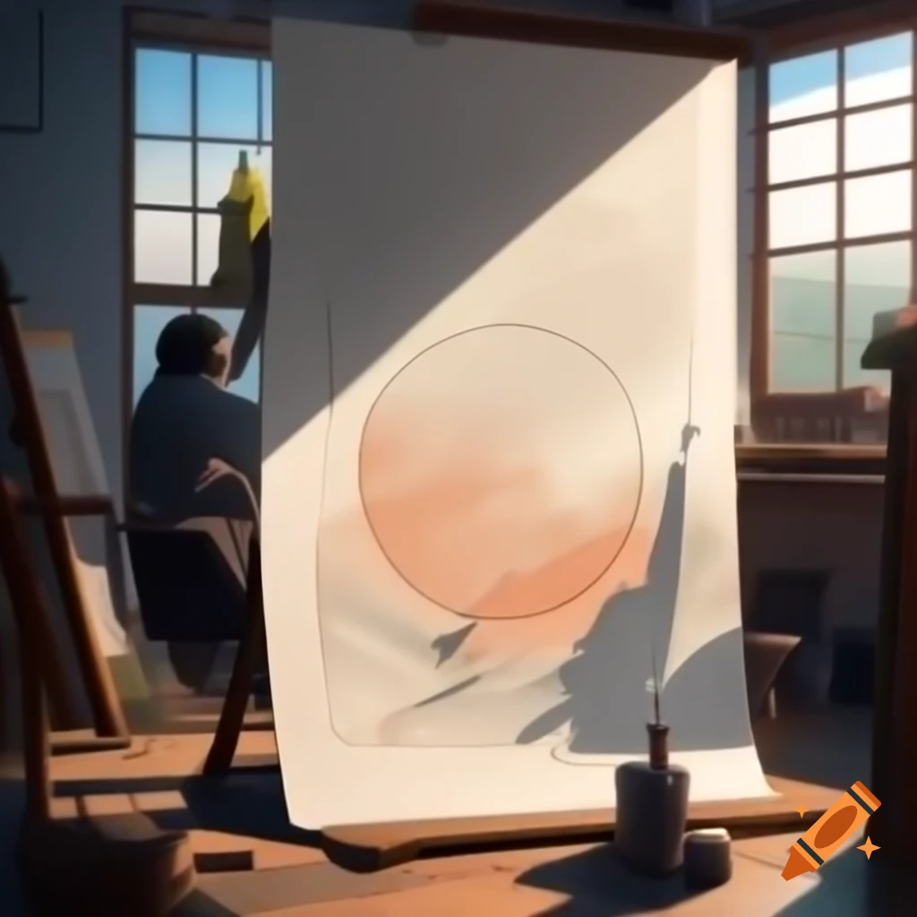 Ukiyo-e woodblock print of artist-magician painting in sunlit studio