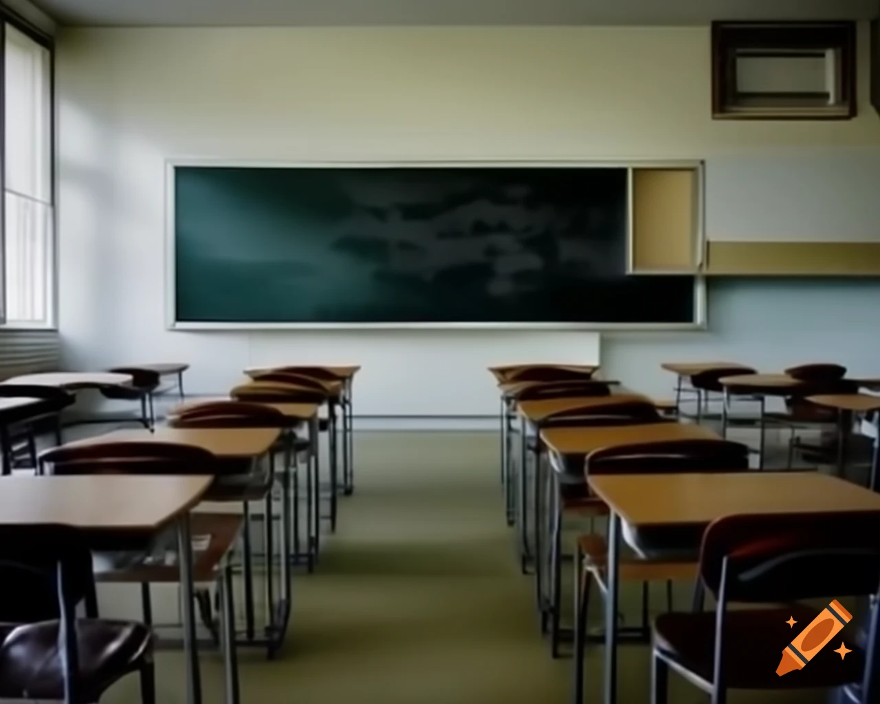 Empty college examination room with blackboard covered in calculus equations