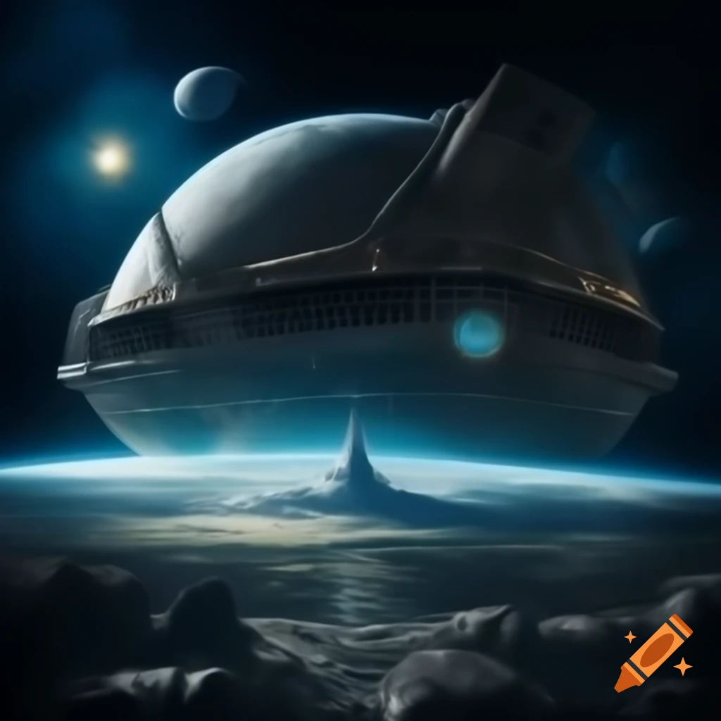Interior of alien city ship with windows displaying space and planets, discussing Zarkothian complexities