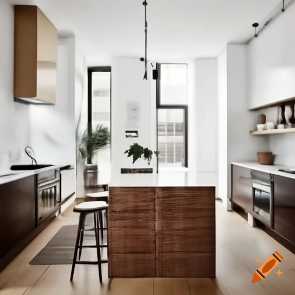 Modern apartment kitchen with white marble floor and brick tile back wall
