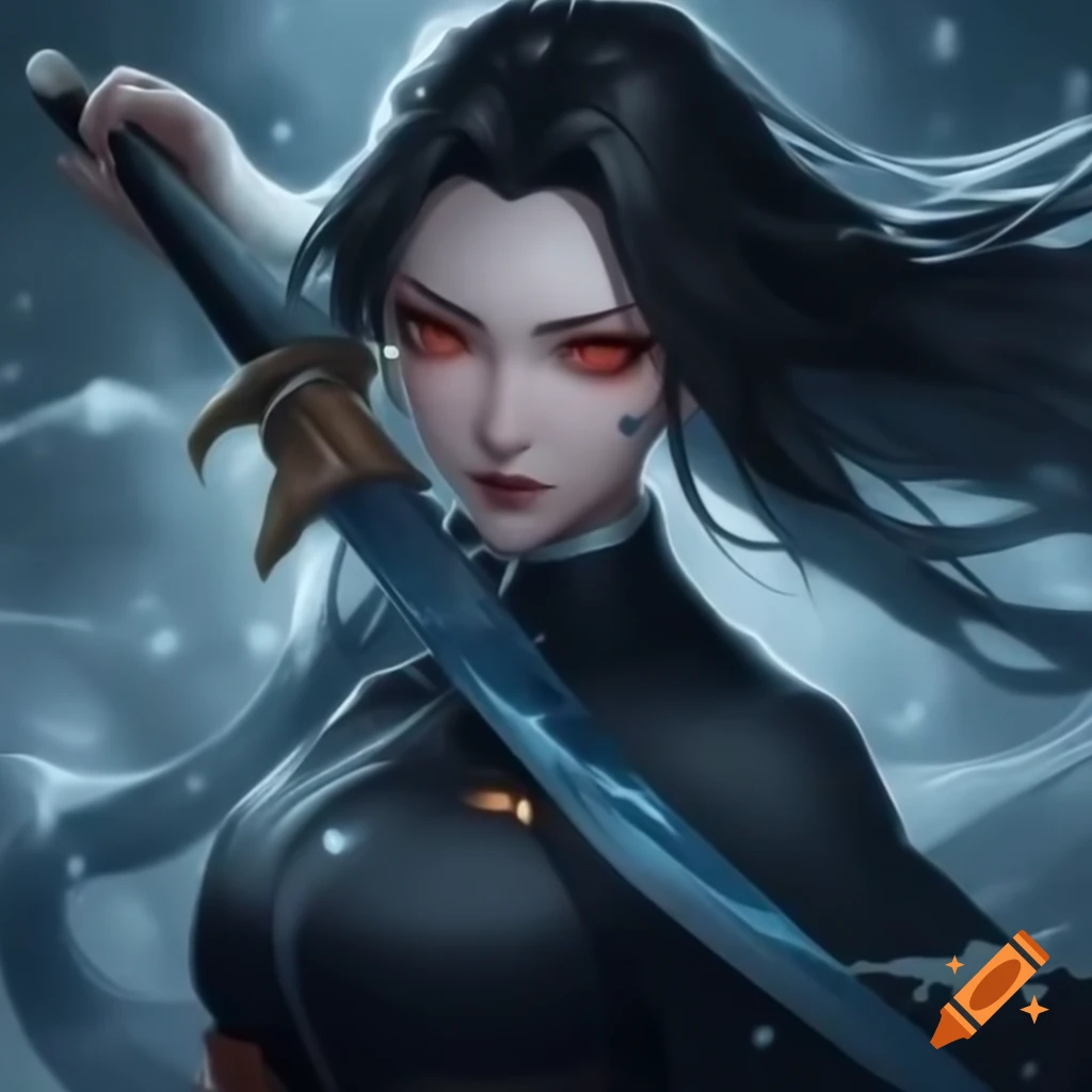 Elegant female Hashira from Demon Slayers with ice-themed sword and snowflake designs