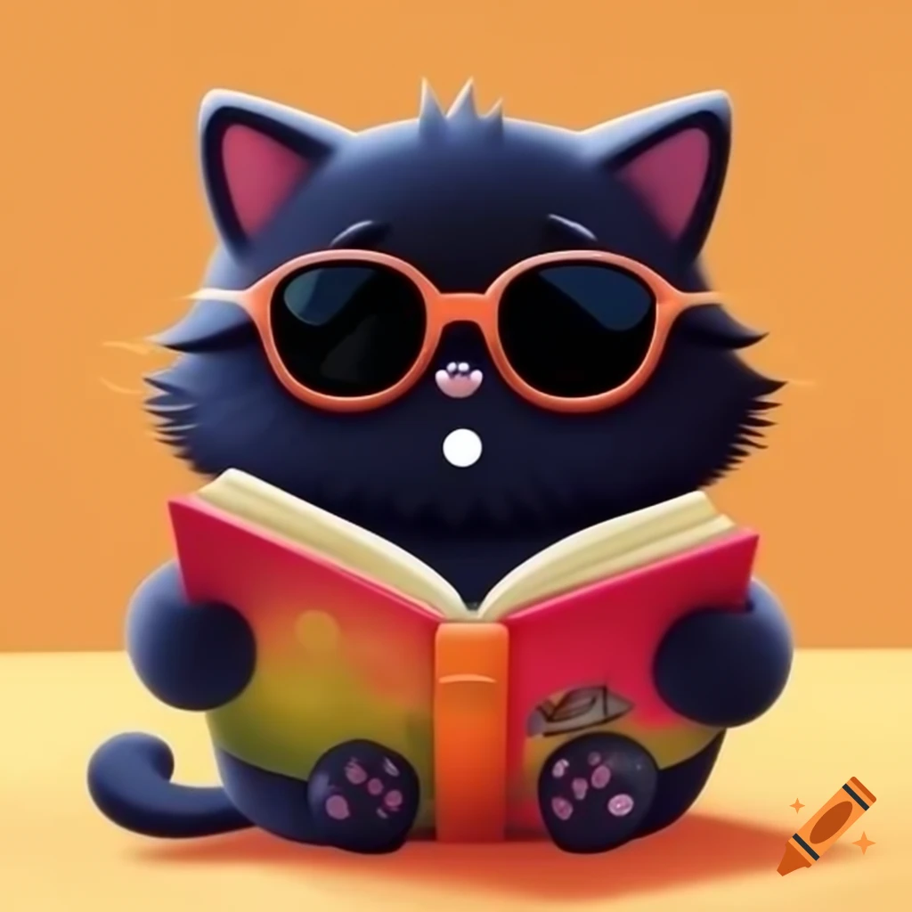 Cartoon of black cat with sunglasses reading a book