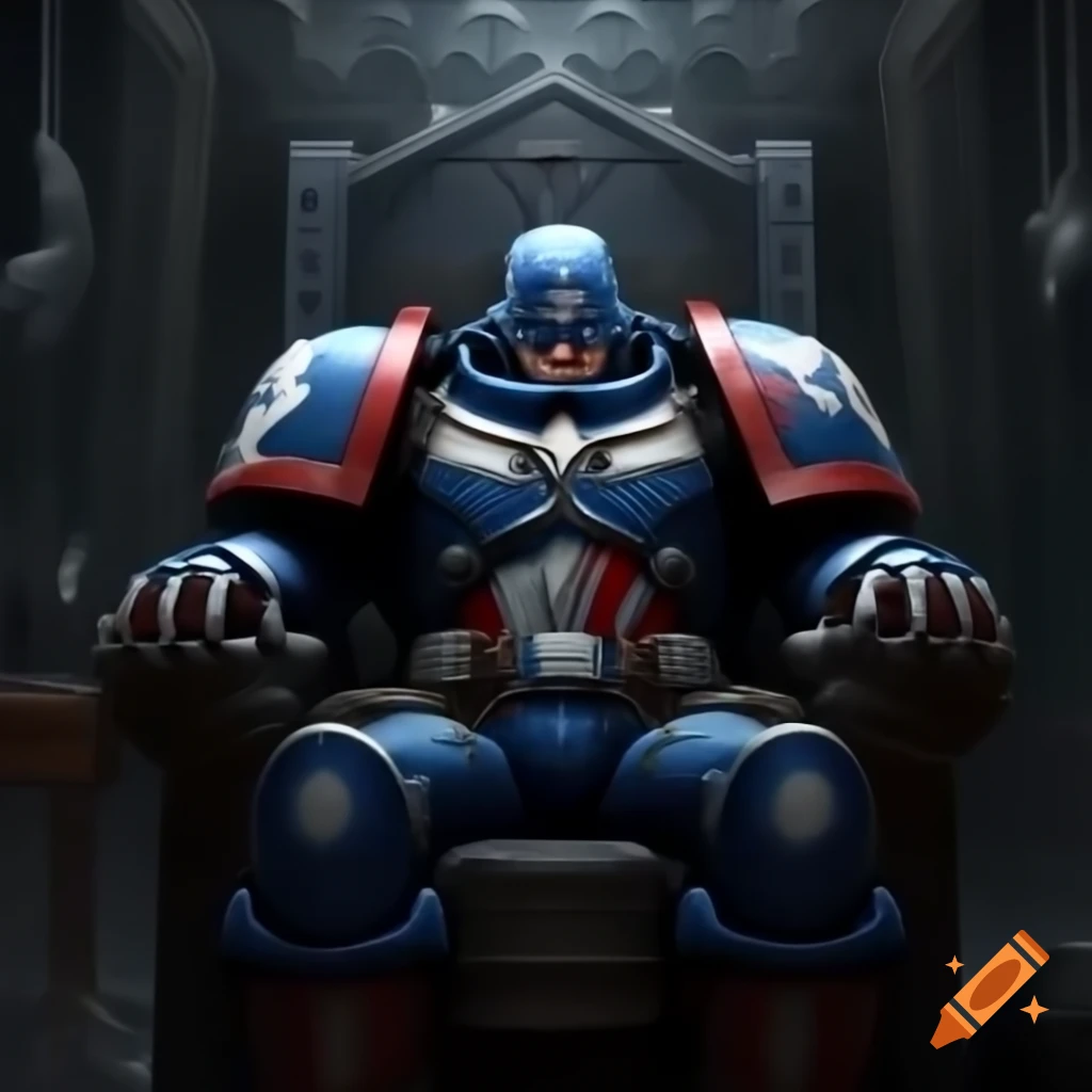 Captain America reimagined as Warhammer Space Marine in gothic throne room