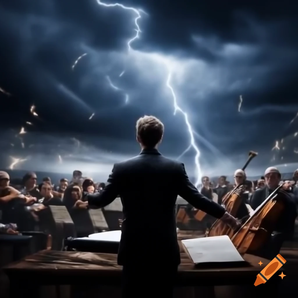 Orchestra conductor at podium with flying sheet music and lightning storm backdrop